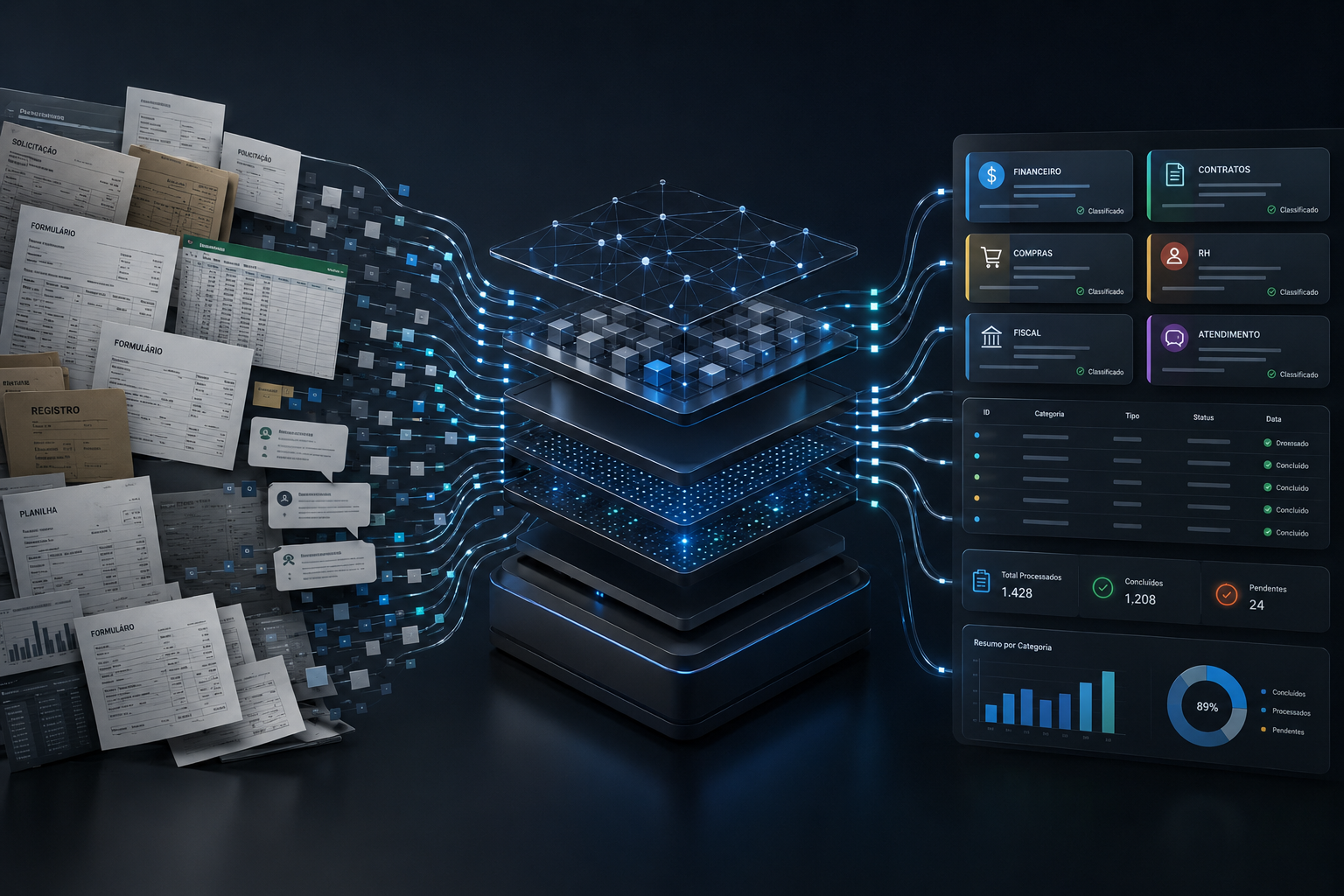 Diagrama mostrando documentos e planilhas dispersos sendo processados pela IA e organizados em painéis classificados por área, como financeiro, contratos, compras e RH.